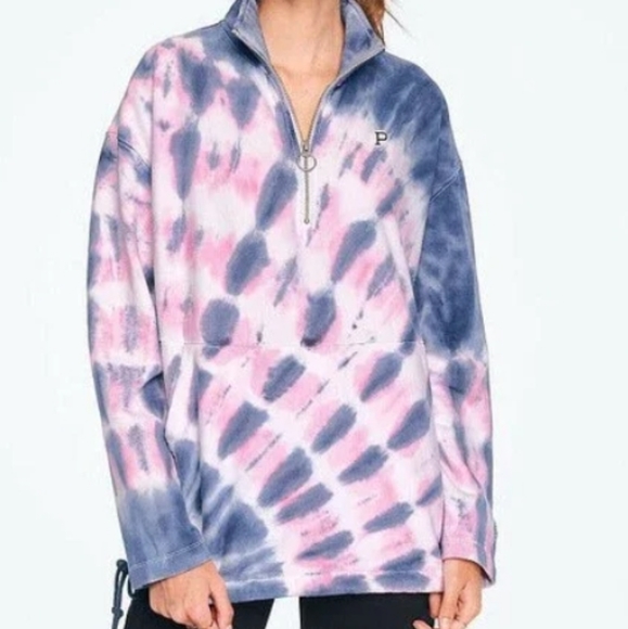 VS VICTORIAS SECRET PINK PREMIUM  QUARTER ZIP SWEATER JACKET TIE DYE Sz L - Picture 3 of 8